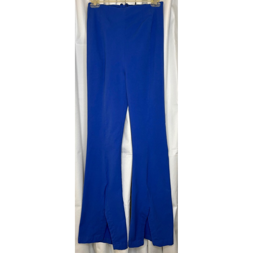 Free People Real Deal Cobalt Blue Slit Hem Flared High Waisted Pants Back Zip